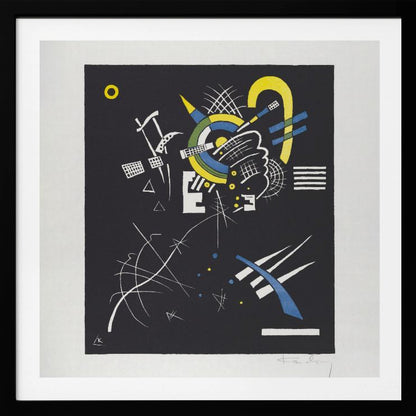 An abstract print by Wassily Kandinsky titled 'Small Worlds VI', featuring a dynamic composition of geometric and organic shapes in vibrant yellow, blue, and white against a stark black background. The artwork is presented within a light wood frame. Wall Art