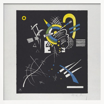 An abstract print by Wassily Kandinsky titled 'Small Worlds VI', featuring a dynamic composition of geometric and organic shapes in vibrant yellow, blue, and white against a stark black background. The artwork is presented within a light wood frame. Wall Art