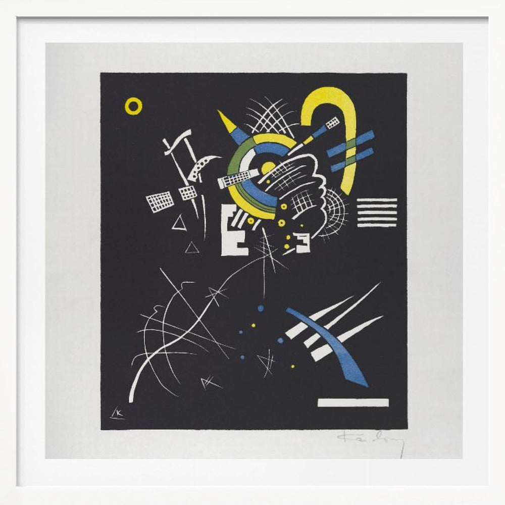 An abstract print by Wassily Kandinsky titled 'Small Worlds VI', featuring a dynamic composition of geometric and organic shapes in vibrant yellow, blue, and white against a stark black background. The artwork is presented within a light wood frame. Wall Art