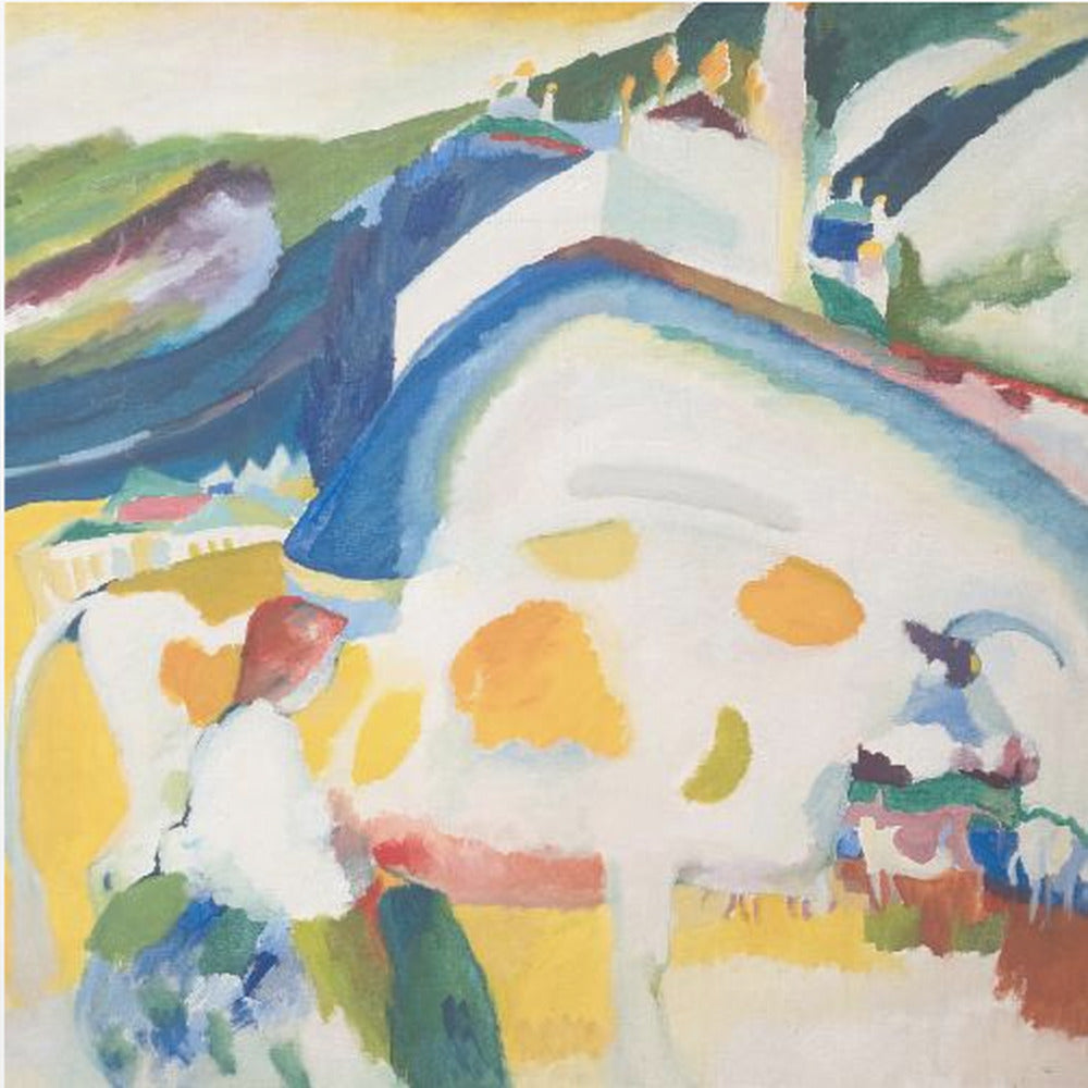 A framed abstract painting by Wassily Kandinsky, 'The Cow', depicting a large, stylized white and yellow cow in a vibrant landscape of blue and green hills, rendered in an expressionist style with bold colors. Print