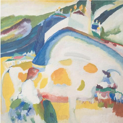 A framed abstract painting by Wassily Kandinsky, 'The Cow', depicting a large, stylized white and yellow cow in a vibrant landscape of blue and green hills, rendered in an expressionist style with bold colors. Print