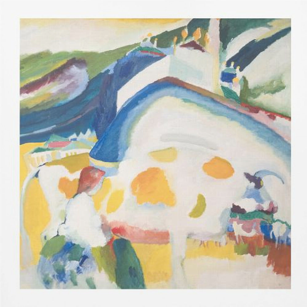 A framed abstract painting by Wassily Kandinsky, 'The Cow', depicting a large, stylized white and yellow cow in a vibrant landscape of blue and green hills, rendered in an expressionist style with bold colors. Print