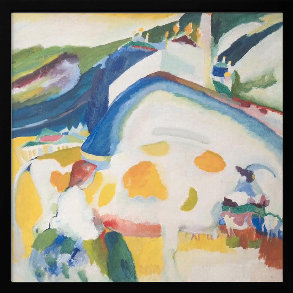 A framed abstract painting by Wassily Kandinsky, 'The Cow', depicting a large, stylized white and yellow cow in a vibrant landscape of blue and green hills, rendered in an expressionist style with bold colors. Print