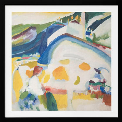 A framed abstract painting by Wassily Kandinsky, 'The Cow', depicting a large, stylized white and yellow cow in a vibrant landscape of blue and green hills, rendered in an expressionist style with bold colors. Print