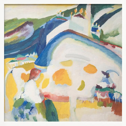 A framed abstract painting by Wassily Kandinsky, 'The Cow', depicting a large, stylized white and yellow cow in a vibrant landscape of blue and green hills, rendered in an expressionist style with bold colors. Print