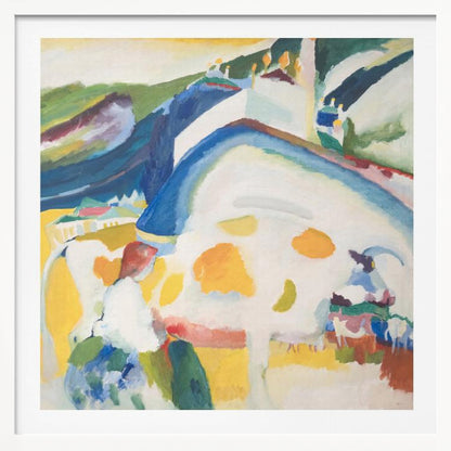 A framed abstract painting by Wassily Kandinsky, 'The Cow', depicting a large, stylized white and yellow cow in a vibrant landscape of blue and green hills, rendered in an expressionist style with bold colors. Print