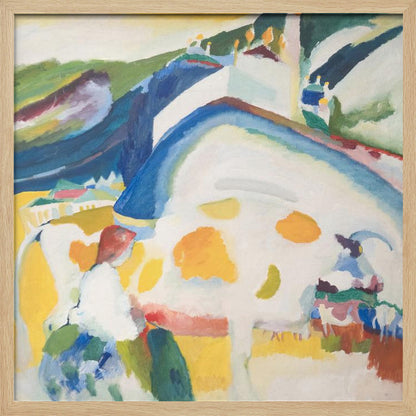 A framed abstract painting by Wassily Kandinsky, 'The Cow', depicting a large, stylized white and yellow cow in a vibrant landscape of blue and green hills, rendered in an expressionist style with bold colors. Print