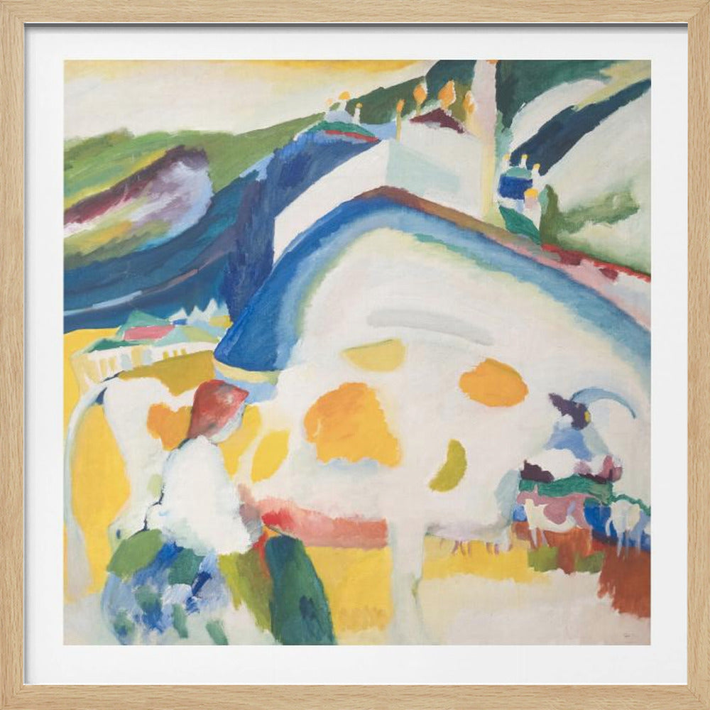 A framed abstract painting by Wassily Kandinsky, 'The Cow', depicting a large, stylized white and yellow cow in a vibrant landscape of blue and green hills, rendered in an expressionist style with bold colors. Print