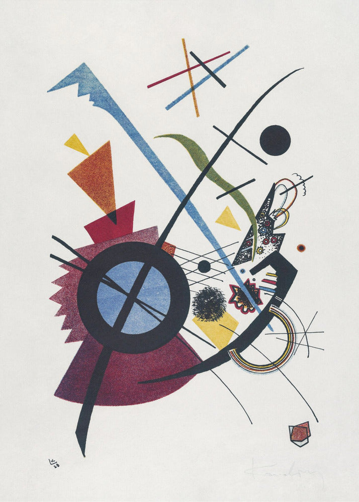 An abstract artwork by Wassily Kandinsky titled 'Small Worlds I', featuring a dynamic composition of colorful geometric shapes like circles, triangles, and lines in blue, red, yellow, and green against a white background, all framed in black. Wall Art