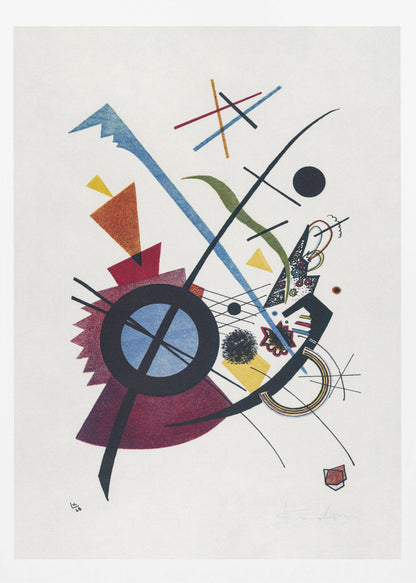 An abstract artwork by Wassily Kandinsky titled 'Small Worlds I', featuring a dynamic composition of colorful geometric shapes like circles, triangles, and lines in blue, red, yellow, and green against a white background, all framed in black. Wall Art