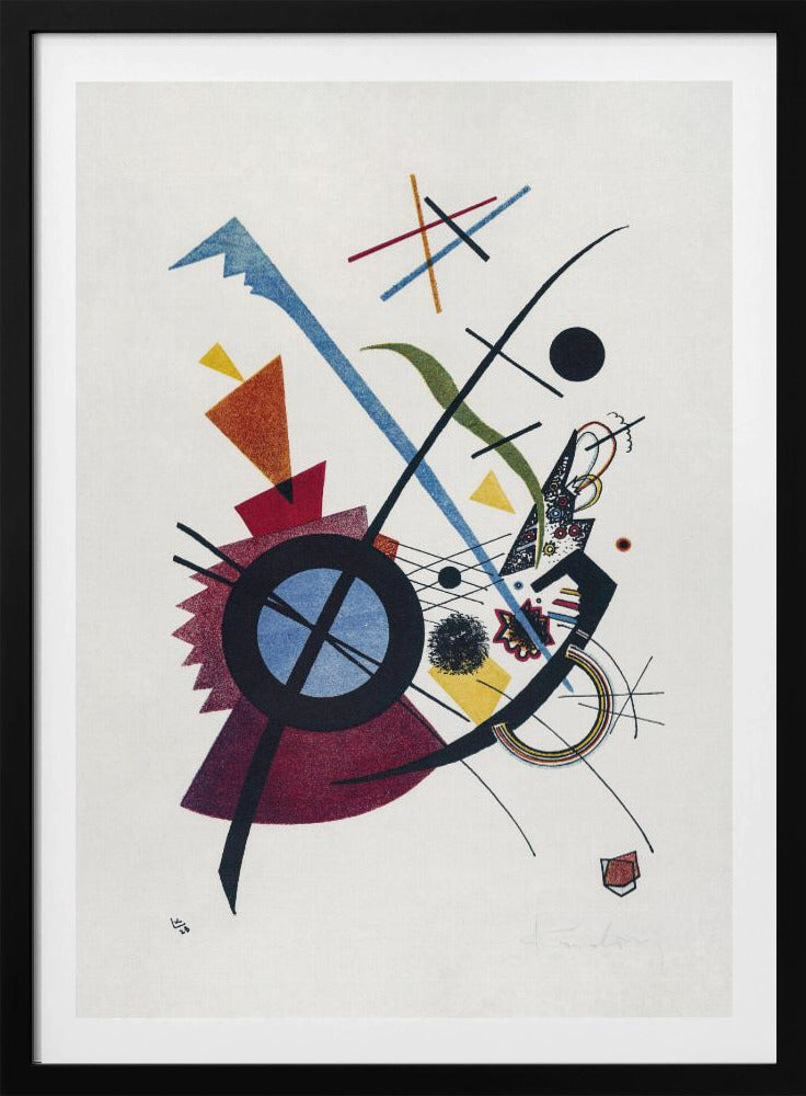An abstract artwork by Wassily Kandinsky titled 'Small Worlds I', featuring a dynamic composition of colorful geometric shapes like circles, triangles, and lines in blue, red, yellow, and green against a white background, all framed in black. Wall Art