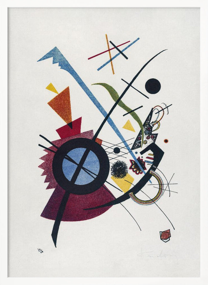 An abstract artwork by Wassily Kandinsky titled 'Small Worlds I', featuring a dynamic composition of colorful geometric shapes like circles, triangles, and lines in blue, red, yellow, and green against a white background, all framed in black. Wall Art