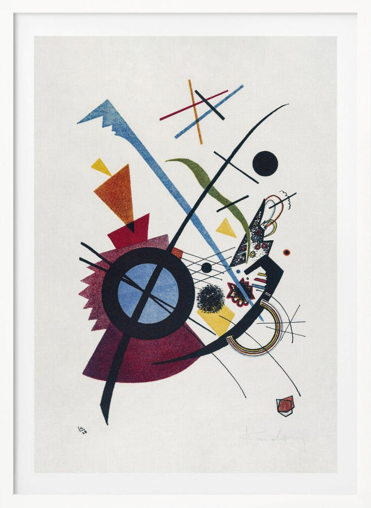 An abstract artwork by Wassily Kandinsky titled 'Small Worlds I', featuring a dynamic composition of colorful geometric shapes like circles, triangles, and lines in blue, red, yellow, and green against a white background, all framed in black. Wall Art