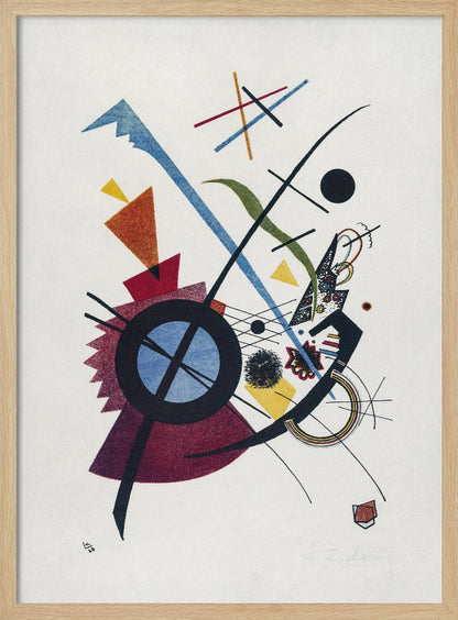 An abstract artwork by Wassily Kandinsky titled 'Small Worlds I', featuring a dynamic composition of colorful geometric shapes like circles, triangles, and lines in blue, red, yellow, and green against a white background, all framed in black. Wall Art