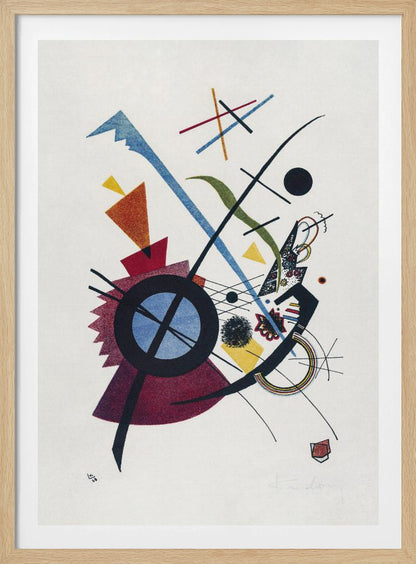 An abstract artwork by Wassily Kandinsky titled 'Small Worlds I', featuring a dynamic composition of colorful geometric shapes like circles, triangles, and lines in blue, red, yellow, and green against a white background, all framed in black. Wall Art