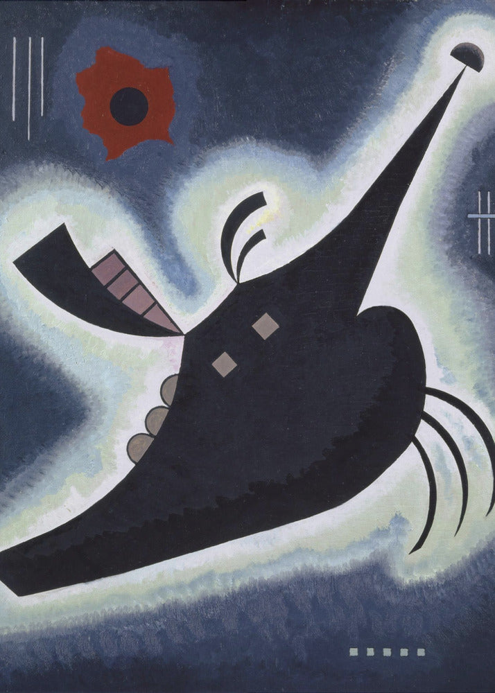 An abstract painting by Wassily Kandinsky featuring a large, black, creature-like shape floating against a deep blue background. The shape is outlined in a white and pale green glow and has a long, pointed proboscis. A vibrant red, flower-like form is visible in the upper left, along with various geometric lines and shapes, creating a dynamic and otherworldly composition. Artwork
