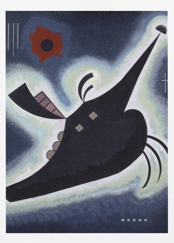 An abstract painting by Wassily Kandinsky featuring a large, black, creature-like shape floating against a deep blue background. The shape is outlined in a white and pale green glow and has a long, pointed proboscis. A vibrant red, flower-like form is visible in the upper left, along with various geometric lines and shapes, creating a dynamic and otherworldly composition. Artwork