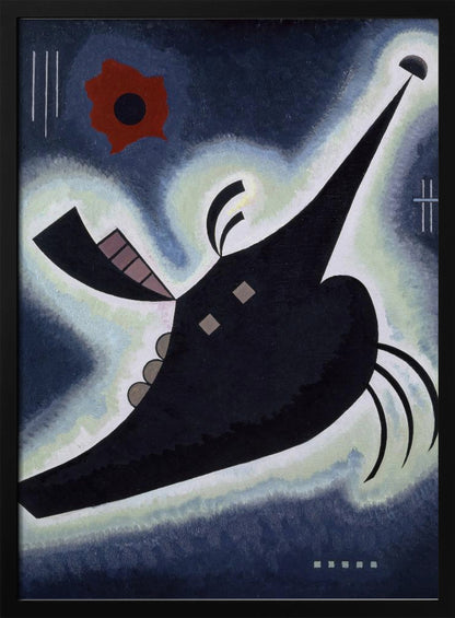 An abstract painting by Wassily Kandinsky featuring a large, black, creature-like shape floating against a deep blue background. The shape is outlined in a white and pale green glow and has a long, pointed proboscis. A vibrant red, flower-like form is visible in the upper left, along with various geometric lines and shapes, creating a dynamic and otherworldly composition. Artwork