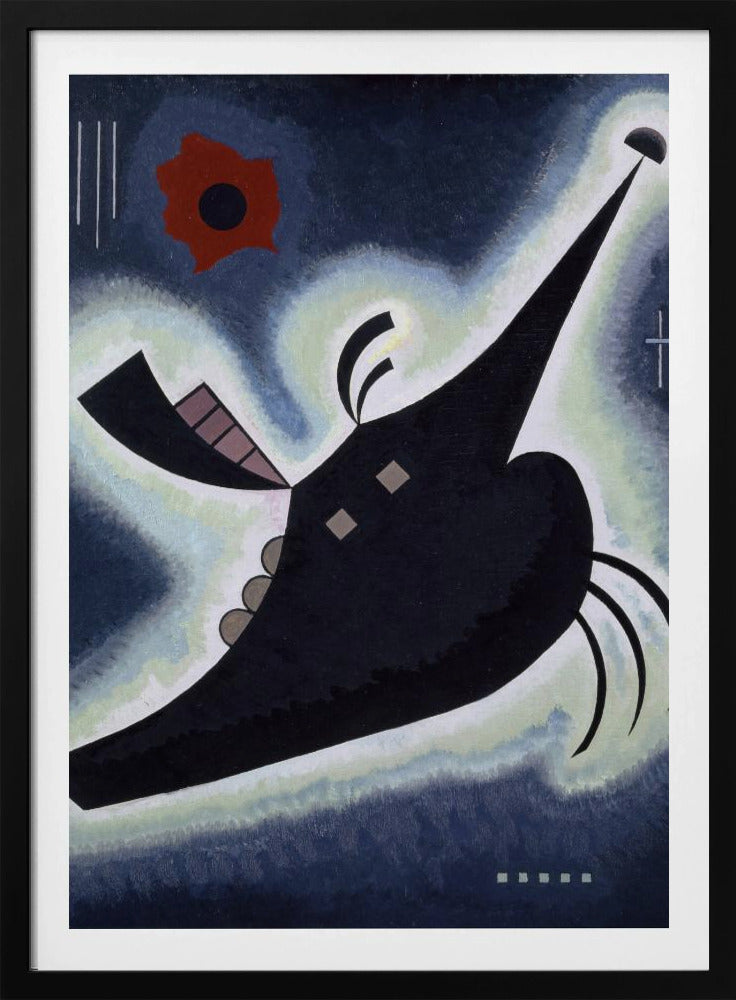 An abstract painting by Wassily Kandinsky featuring a large, black, creature-like shape floating against a deep blue background. The shape is outlined in a white and pale green glow and has a long, pointed proboscis. A vibrant red, flower-like form is visible in the upper left, along with various geometric lines and shapes, creating a dynamic and otherworldly composition. Artwork