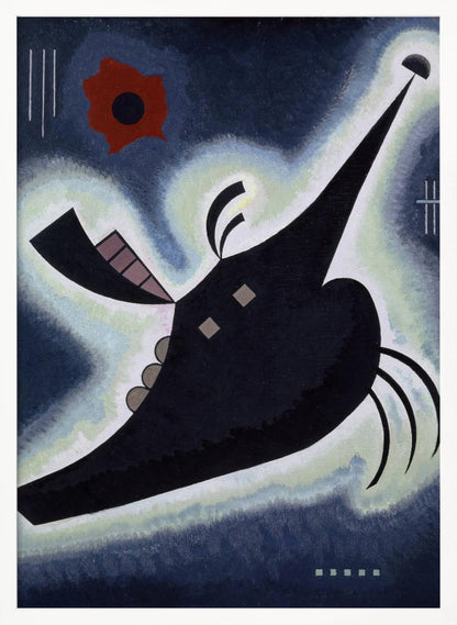 An abstract painting by Wassily Kandinsky featuring a large, black, creature-like shape floating against a deep blue background. The shape is outlined in a white and pale green glow and has a long, pointed proboscis. A vibrant red, flower-like form is visible in the upper left, along with various geometric lines and shapes, creating a dynamic and otherworldly composition. Artwork