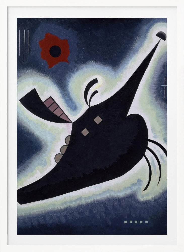 An abstract painting by Wassily Kandinsky featuring a large, black, creature-like shape floating against a deep blue background. The shape is outlined in a white and pale green glow and has a long, pointed proboscis. A vibrant red, flower-like form is visible in the upper left, along with various geometric lines and shapes, creating a dynamic and otherworldly composition. Artwork