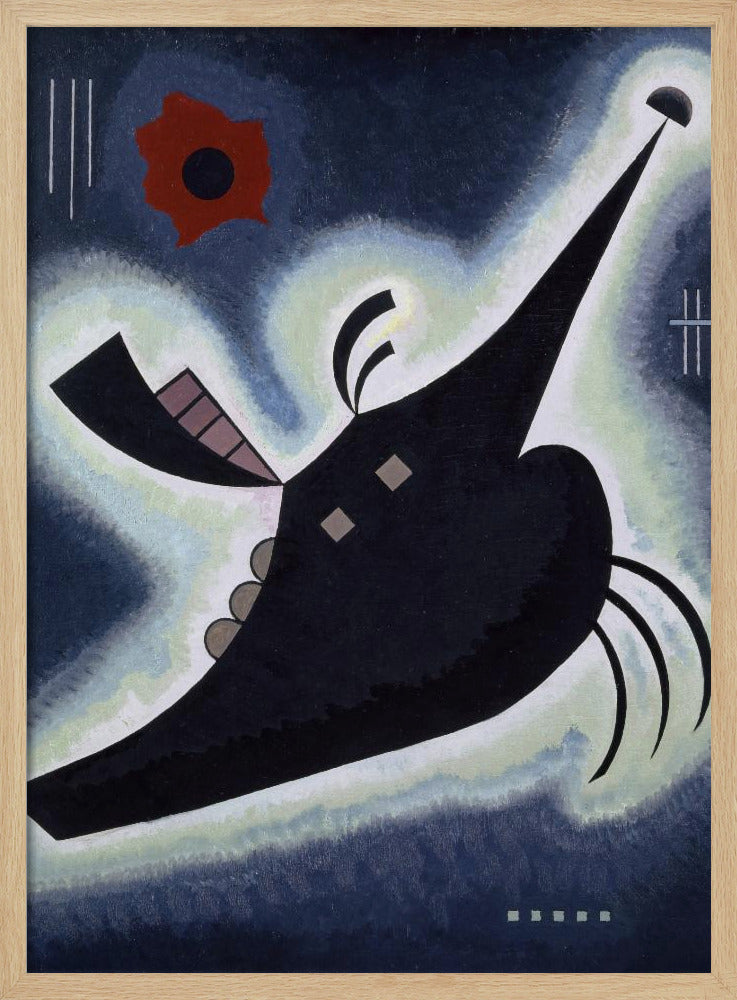 An abstract painting by Wassily Kandinsky featuring a large, black, creature-like shape floating against a deep blue background. The shape is outlined in a white and pale green glow and has a long, pointed proboscis. A vibrant red, flower-like form is visible in the upper left, along with various geometric lines and shapes, creating a dynamic and otherworldly composition. Artwork