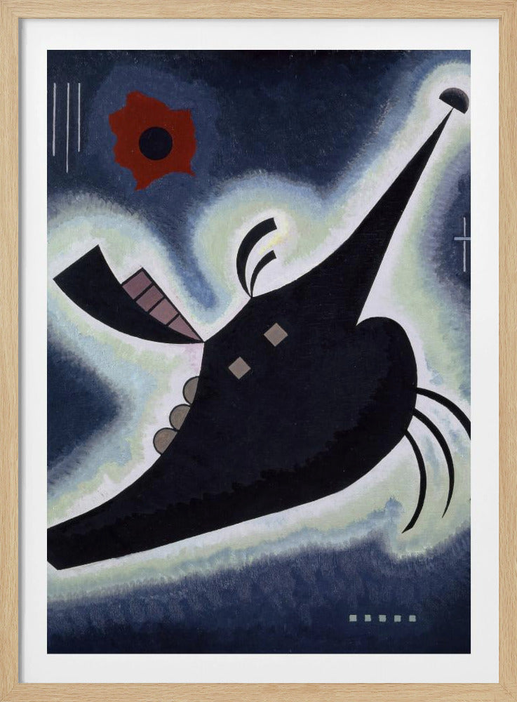 An abstract painting by Wassily Kandinsky featuring a large, black, creature-like shape floating against a deep blue background. The shape is outlined in a white and pale green glow and has a long, pointed proboscis. A vibrant red, flower-like form is visible in the upper left, along with various geometric lines and shapes, creating a dynamic and otherworldly composition. Artwork