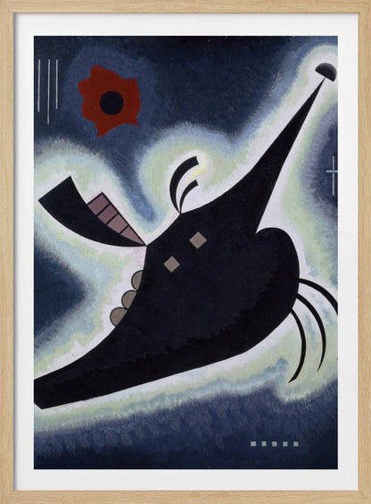 An abstract painting by Wassily Kandinsky featuring a large, black, creature-like shape floating against a deep blue background. The shape is outlined in a white and pale green glow and has a long, pointed proboscis. A vibrant red, flower-like form is visible in the upper left, along with various geometric lines and shapes, creating a dynamic and otherworldly composition. Artwork