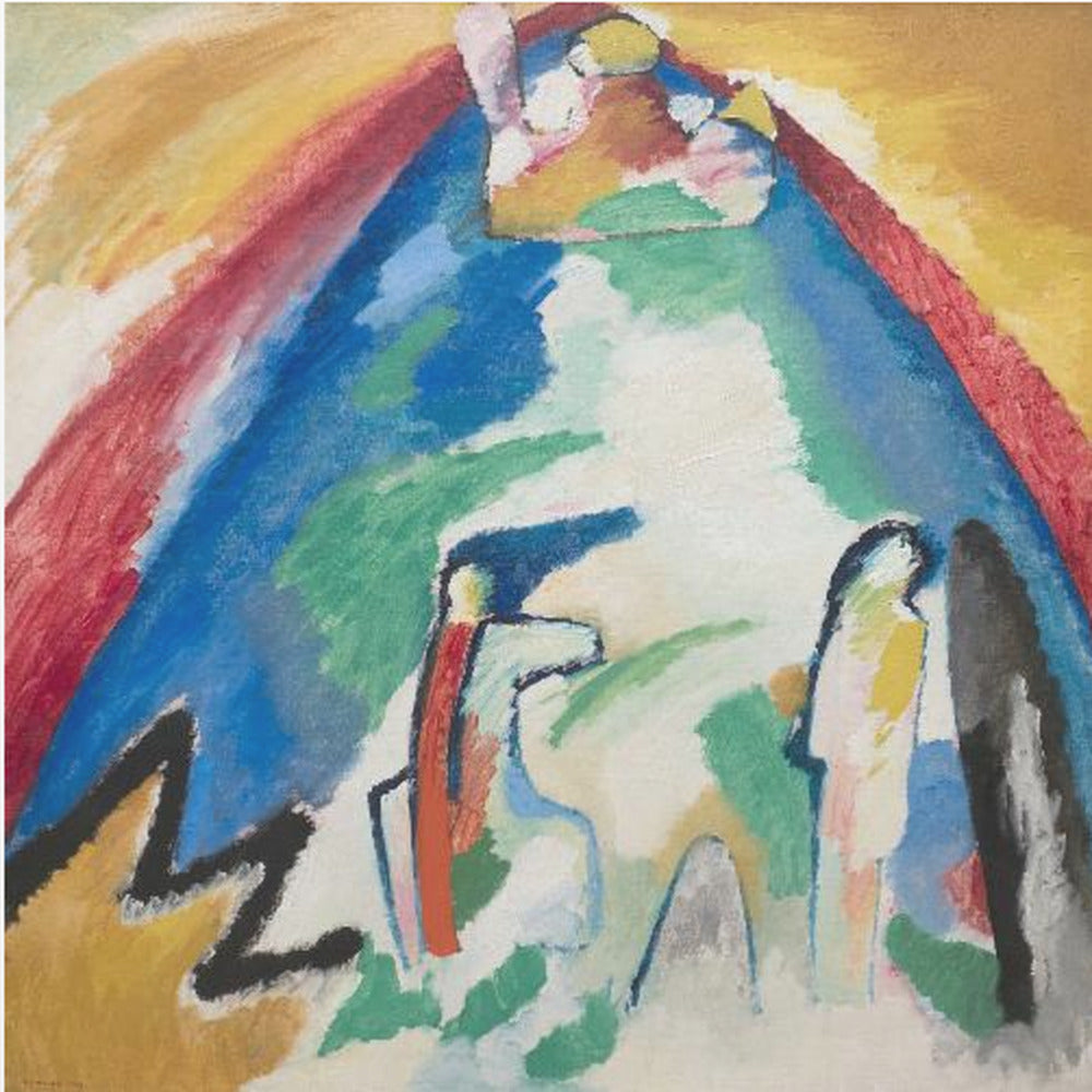 An abstract expressionist painting in a light wood frame. The artwork features a large, dominant blue mountain-like shape at its center, with an arch of red and yellow above it. In the foreground, there are stylized, abstract figures and a bold black zigzag line against a white and green background. Print
