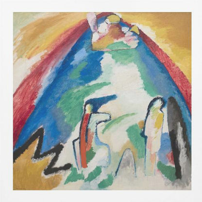 An abstract expressionist painting in a light wood frame. The artwork features a large, dominant blue mountain-like shape at its center, with an arch of red and yellow above it. In the foreground, there are stylized, abstract figures and a bold black zigzag line against a white and green background. Print