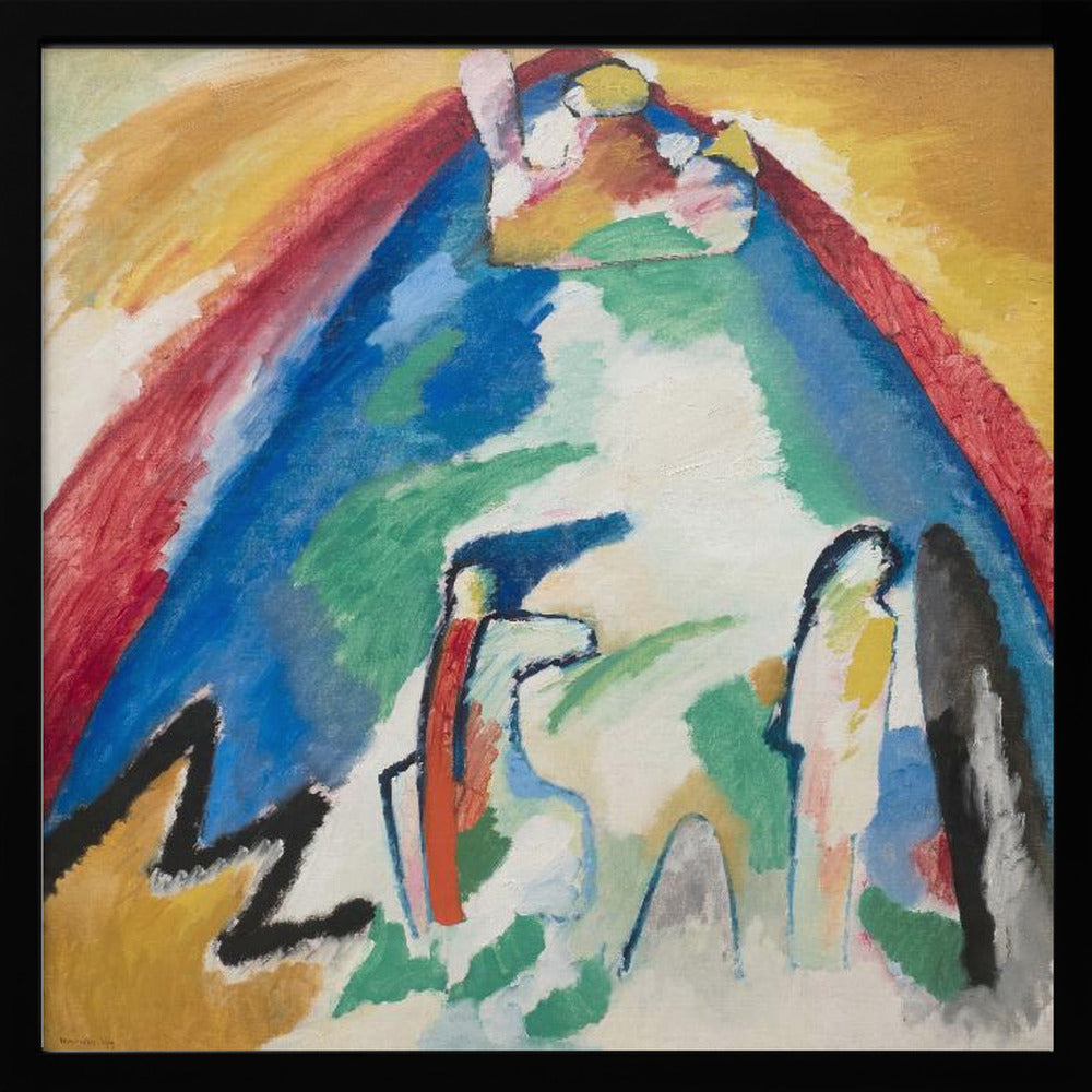 An abstract expressionist painting in a light wood frame. The artwork features a large, dominant blue mountain-like shape at its center, with an arch of red and yellow above it. In the foreground, there are stylized, abstract figures and a bold black zigzag line against a white and green background. Print