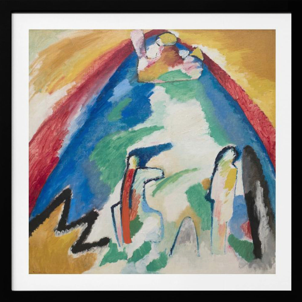 An abstract expressionist painting in a light wood frame. The artwork features a large, dominant blue mountain-like shape at its center, with an arch of red and yellow above it. In the foreground, there are stylized, abstract figures and a bold black zigzag line against a white and green background. Print