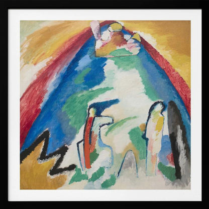 An abstract expressionist painting in a light wood frame. The artwork features a large, dominant blue mountain-like shape at its center, with an arch of red and yellow above it. In the foreground, there are stylized, abstract figures and a bold black zigzag line against a white and green background. Print