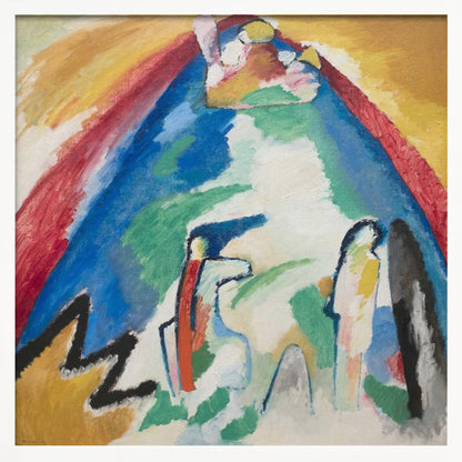 An abstract expressionist painting in a light wood frame. The artwork features a large, dominant blue mountain-like shape at its center, with an arch of red and yellow above it. In the foreground, there are stylized, abstract figures and a bold black zigzag line against a white and green background. Print
