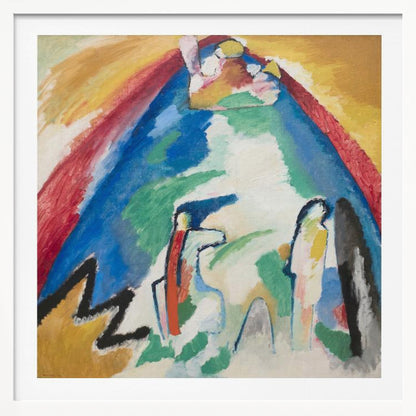 An abstract expressionist painting in a light wood frame. The artwork features a large, dominant blue mountain-like shape at its center, with an arch of red and yellow above it. In the foreground, there are stylized, abstract figures and a bold black zigzag line against a white and green background. Print