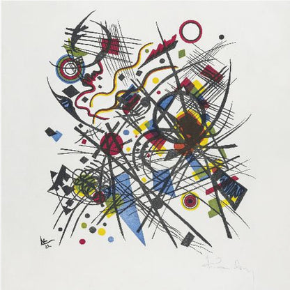 A framed abstract print by Wassily Kandinsky featuring a dynamic and complex composition of black lines, grids, and curves. Interspersed are geometric shapes and dots in primary colors of red, yellow, and blue, all set against a stark white background. The piece is housed in a simple, light-colored wooden frame. Print