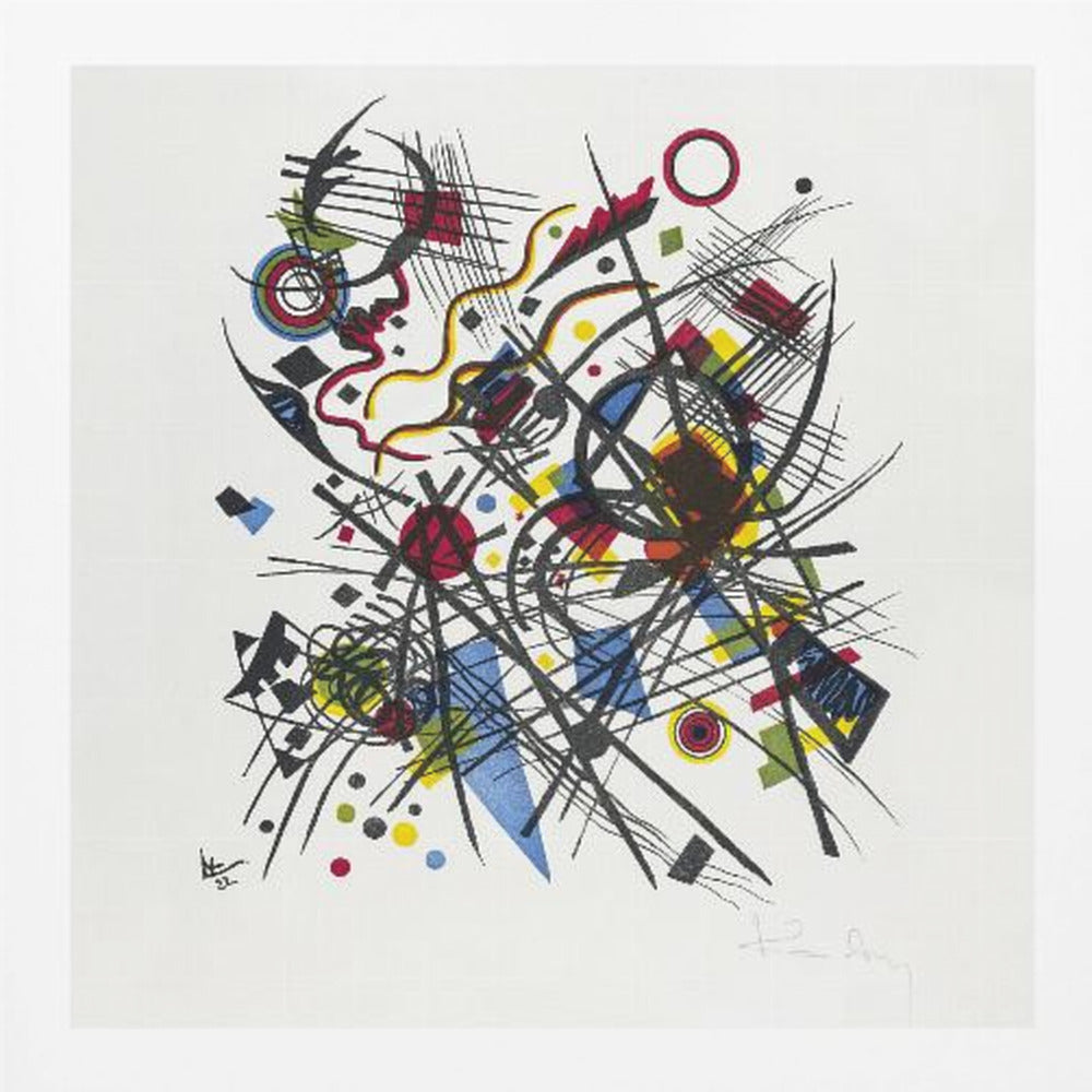 A framed abstract print by Wassily Kandinsky featuring a dynamic and complex composition of black lines, grids, and curves. Interspersed are geometric shapes and dots in primary colors of red, yellow, and blue, all set against a stark white background. The piece is housed in a simple, light-colored wooden frame. Print