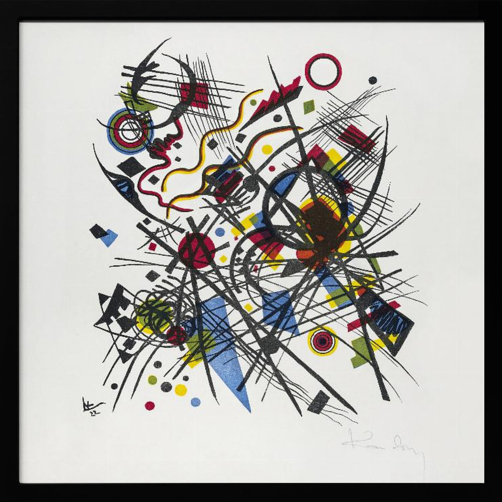 A framed abstract print by Wassily Kandinsky featuring a dynamic and complex composition of black lines, grids, and curves. Interspersed are geometric shapes and dots in primary colors of red, yellow, and blue, all set against a stark white background. The piece is housed in a simple, light-colored wooden frame. Print