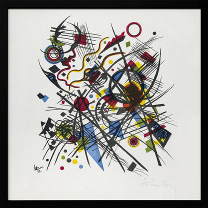 A framed abstract print by Wassily Kandinsky featuring a dynamic and complex composition of black lines, grids, and curves. Interspersed are geometric shapes and dots in primary colors of red, yellow, and blue, all set against a stark white background. The piece is housed in a simple, light-colored wooden frame. Print