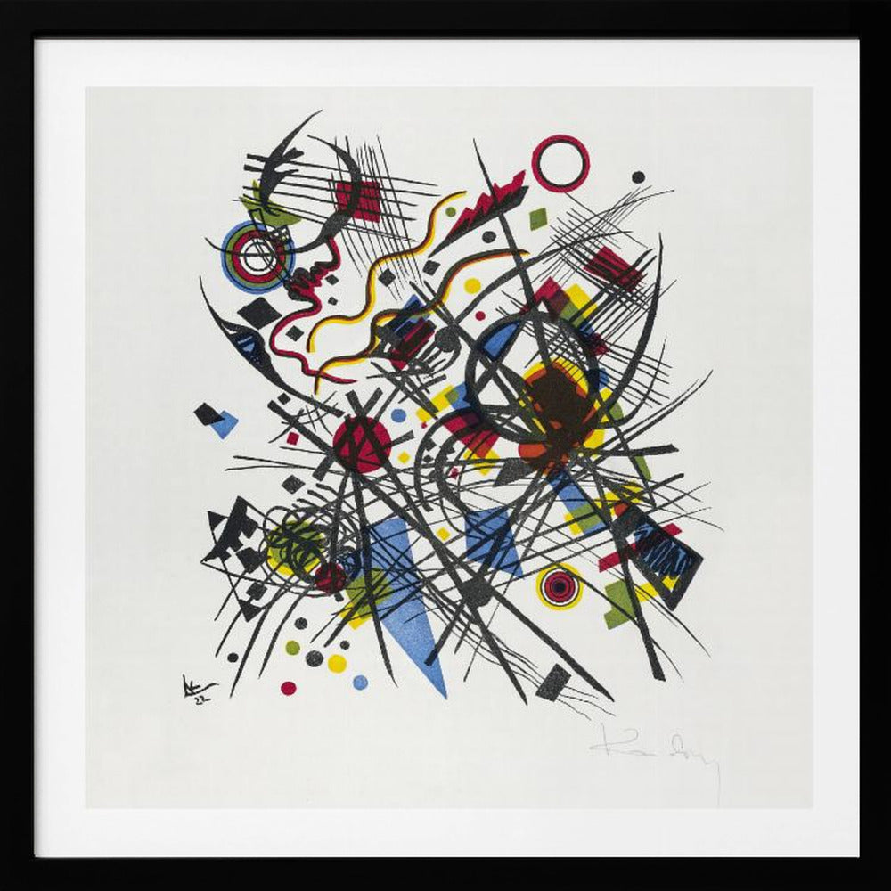 A framed abstract print by Wassily Kandinsky featuring a dynamic and complex composition of black lines, grids, and curves. Interspersed are geometric shapes and dots in primary colors of red, yellow, and blue, all set against a stark white background. The piece is housed in a simple, light-colored wooden frame. Print