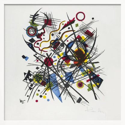 A framed abstract print by Wassily Kandinsky featuring a dynamic and complex composition of black lines, grids, and curves. Interspersed are geometric shapes and dots in primary colors of red, yellow, and blue, all set against a stark white background. The piece is housed in a simple, light-colored wooden frame. Print