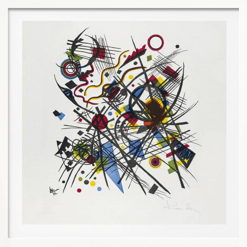 A framed abstract print by Wassily Kandinsky featuring a dynamic and complex composition of black lines, grids, and curves. Interspersed are geometric shapes and dots in primary colors of red, yellow, and blue, all set against a stark white background. The piece is housed in a simple, light-colored wooden frame. Print