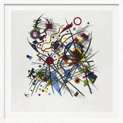 A framed abstract print by Wassily Kandinsky featuring a dynamic and complex composition of black lines, grids, and curves. Interspersed are geometric shapes and dots in primary colors of red, yellow, and blue, all set against a stark white background. The piece is housed in a simple, light-colored wooden frame. Print