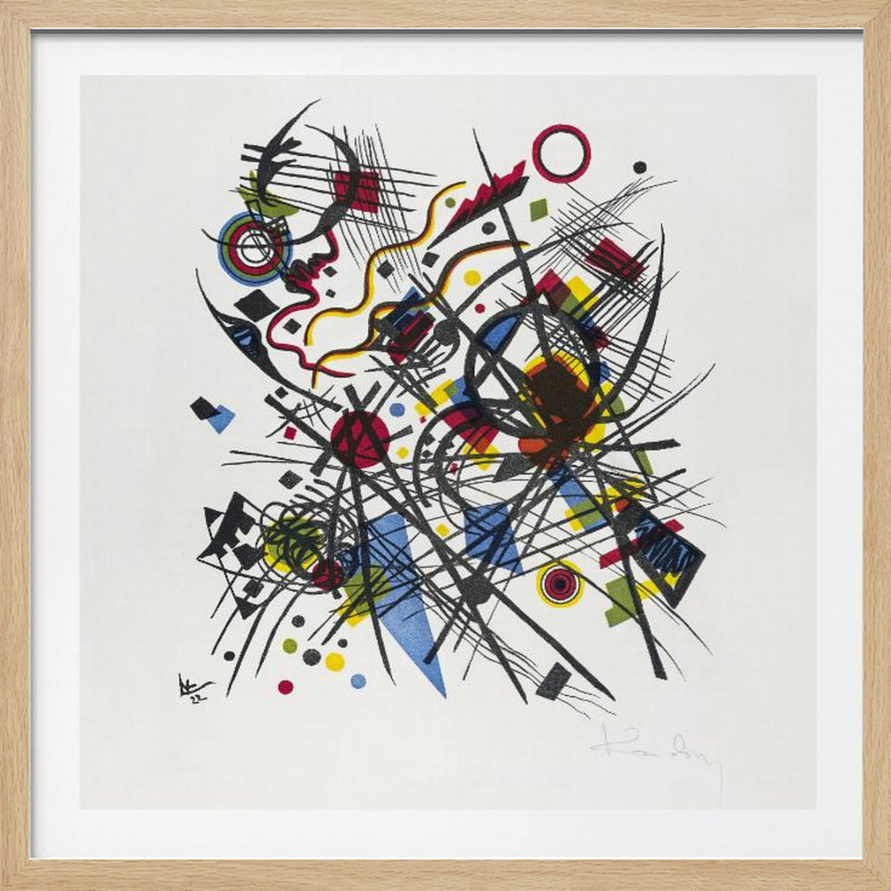 A framed abstract print by Wassily Kandinsky featuring a dynamic and complex composition of black lines, grids, and curves. Interspersed are geometric shapes and dots in primary colors of red, yellow, and blue, all set against a stark white background. The piece is housed in a simple, light-colored wooden frame. Print