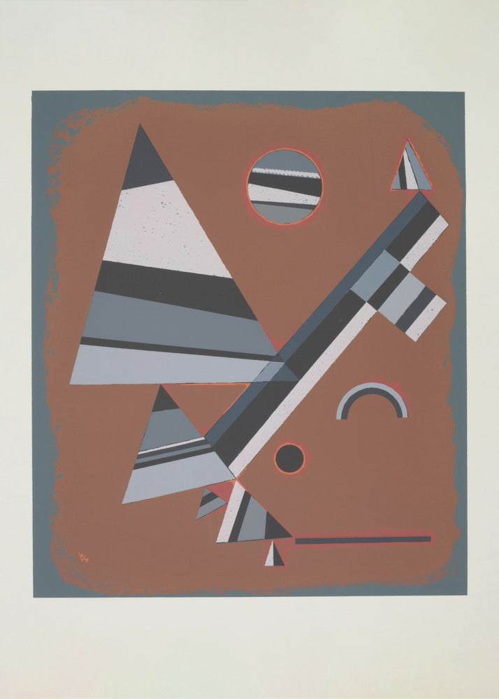 An abstract geometric artwork featuring a collection of triangles, circles, and lines in shades of grey, black, and white, set against a reddish-brown background. The piece is framed in black with a white mat. Wall Art