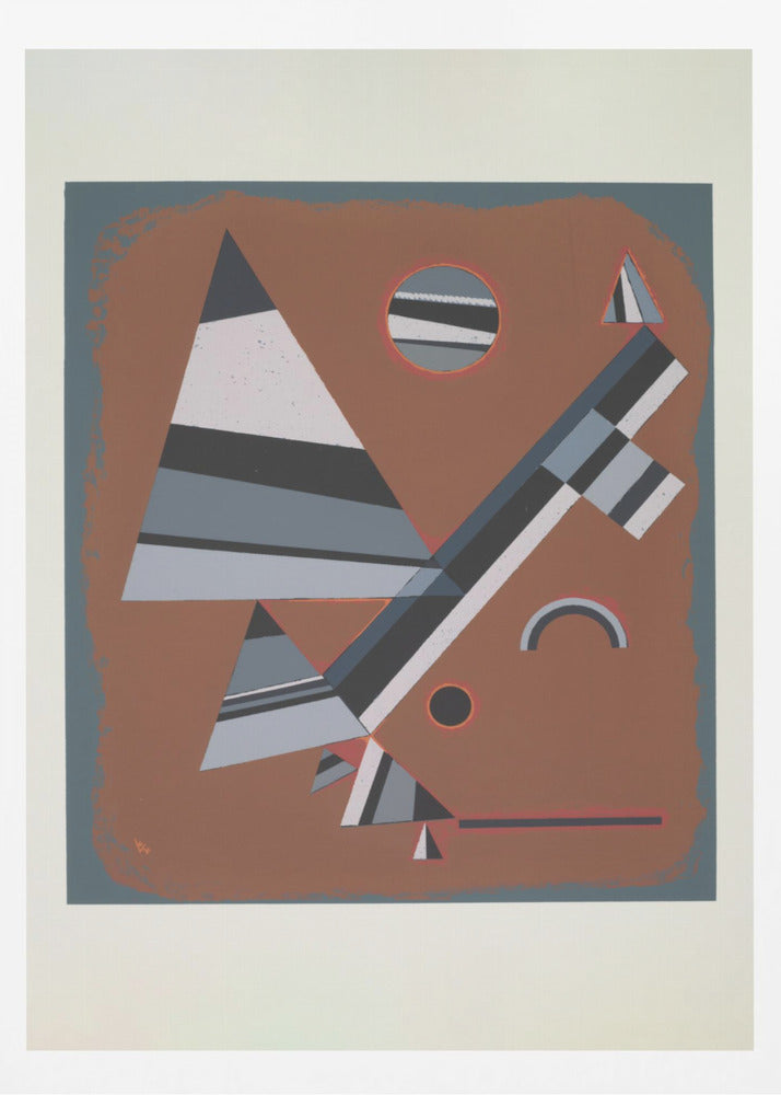 An abstract geometric artwork featuring a collection of triangles, circles, and lines in shades of grey, black, and white, set against a reddish-brown background. The piece is framed in black with a white mat. Wall Art