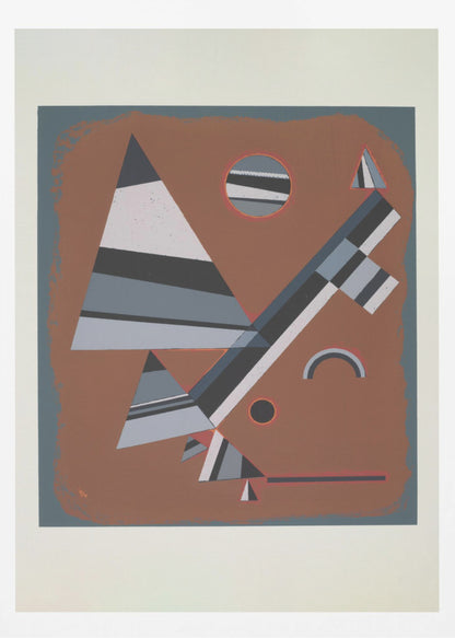 An abstract geometric artwork featuring a collection of triangles, circles, and lines in shades of grey, black, and white, set against a reddish-brown background. The piece is framed in black with a white mat. Wall Art