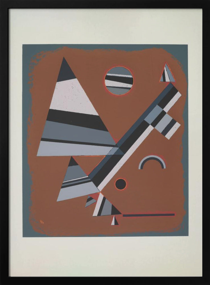 An abstract geometric artwork featuring a collection of triangles, circles, and lines in shades of grey, black, and white, set against a reddish-brown background. The piece is framed in black with a white mat. Wall Art