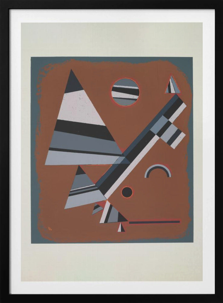 An abstract geometric artwork featuring a collection of triangles, circles, and lines in shades of grey, black, and white, set against a reddish-brown background. The piece is framed in black with a white mat. Wall Art