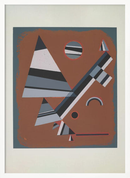 An abstract geometric artwork featuring a collection of triangles, circles, and lines in shades of grey, black, and white, set against a reddish-brown background. The piece is framed in black with a white mat. Wall Art